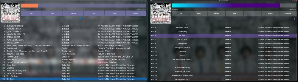 a screenshot comparison of a part of my website containing the last 25 tracks that have been sent to listenbrainz shown the way my music player's user interface looks to my music player