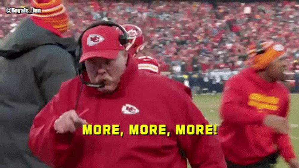 a man in a chiefs jacket says more more more on the field