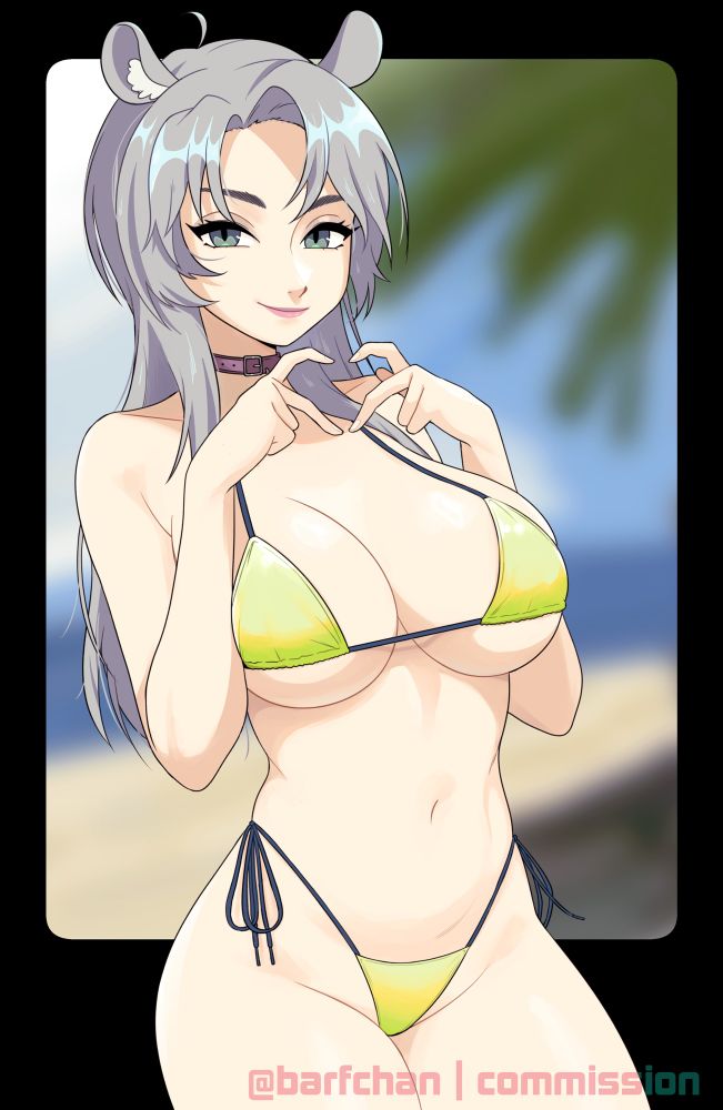 chinchilla girl in a bikini on the beach doing a heart pose with her hands