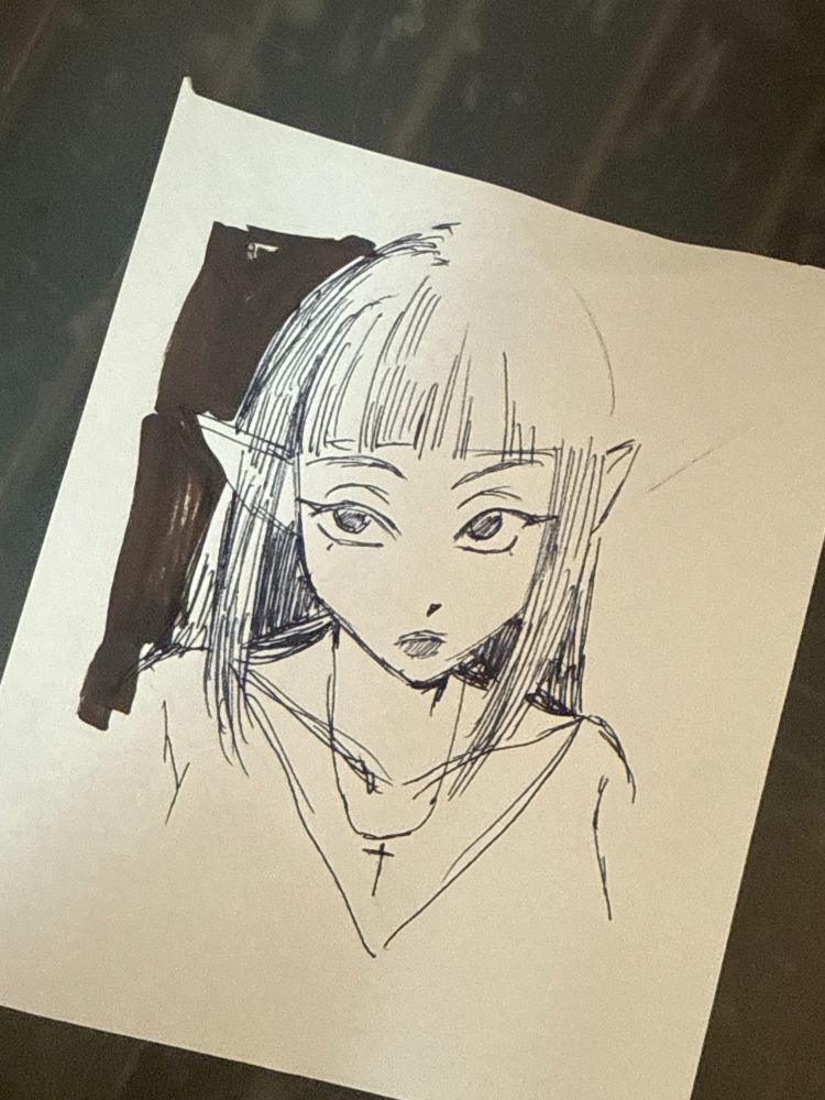 black and white ballpoint pen drawing of elf girl