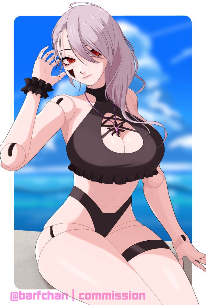 thigh up commission of famed vtuber porcelain maid sitting at the beach in a bikini
