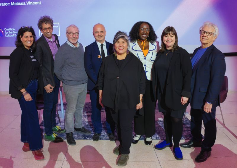 Picture of a group of 8 people. Pictured in the photo, from left to right: OCAD U Executive Director of Government and Community Relations and Public Policy Miriam Kramer, Liberal Party representative Karim Bardessy, Green Party representative Sandy Crawley, NDP representative Norm Di Pasquale, OCAD U President and Vice-Chancellor Ana Serrano (centre front), moderator Melissa Vincent, CDCE Director-General Marie-Julie Desrochers and CDCE Co-President Bill Skolnik.