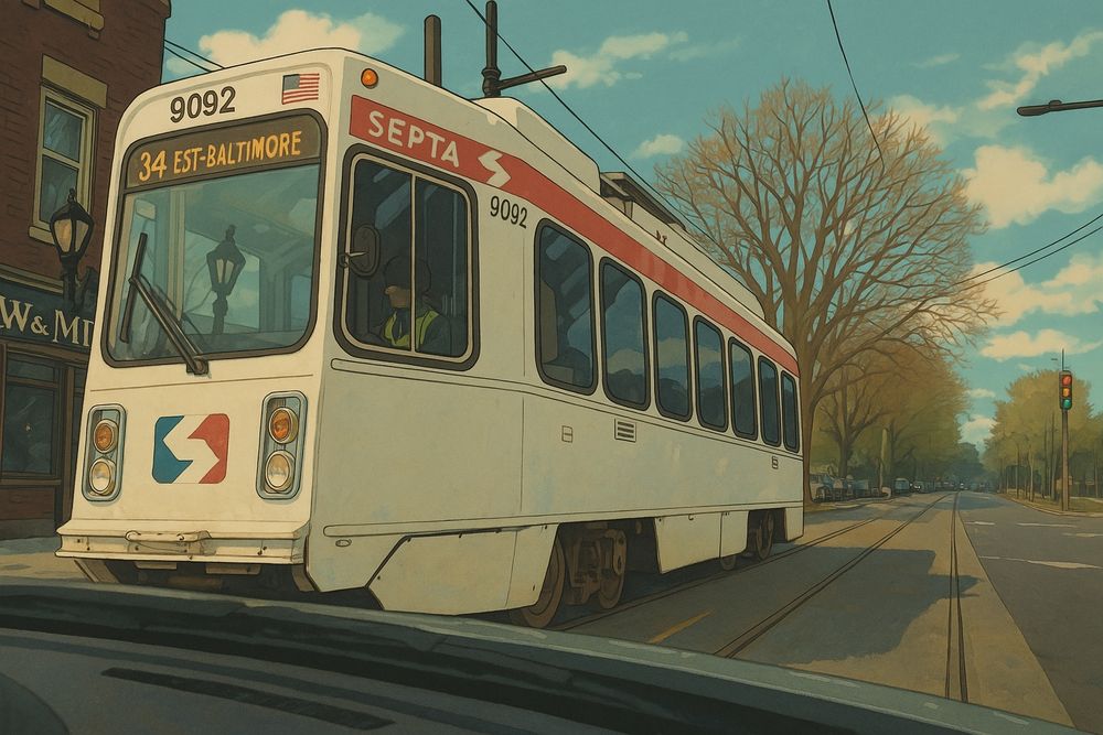 A trolley in Philadelphia drawn in the ghibli style by AI