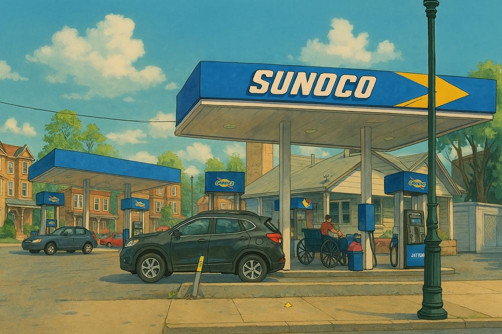 A Sunoco gas station rendered in the ghibli style by AI