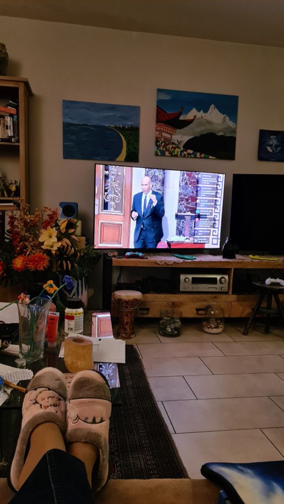 Een kamer met een tv waarop senator Booker te zien is die de Amerikaanse senaat toespreekt. 

A room with a tv in which you can see senator Booker speaking to the American senate. 
