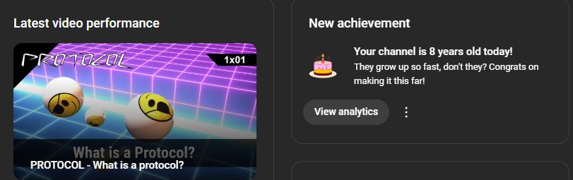 Screenshot of youtube creator dashboard showing latest video performance for "PROTOCOL - What is a protocol?" on the left side and an achievement that my channel is 8 years old today on the right side.