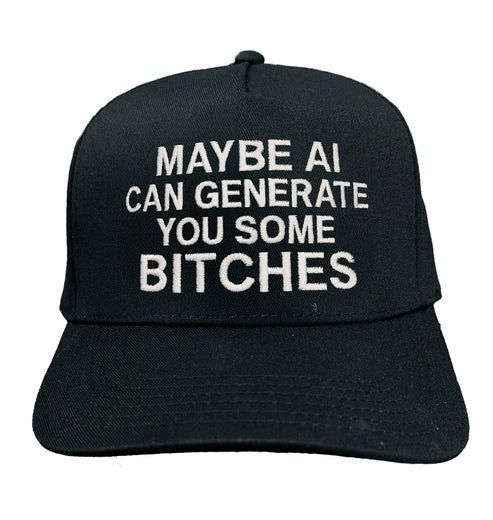 Stock product photo of a black baseball cap with white text on the front of the cap. The text reads “Maybe AI can generate you some bitches”