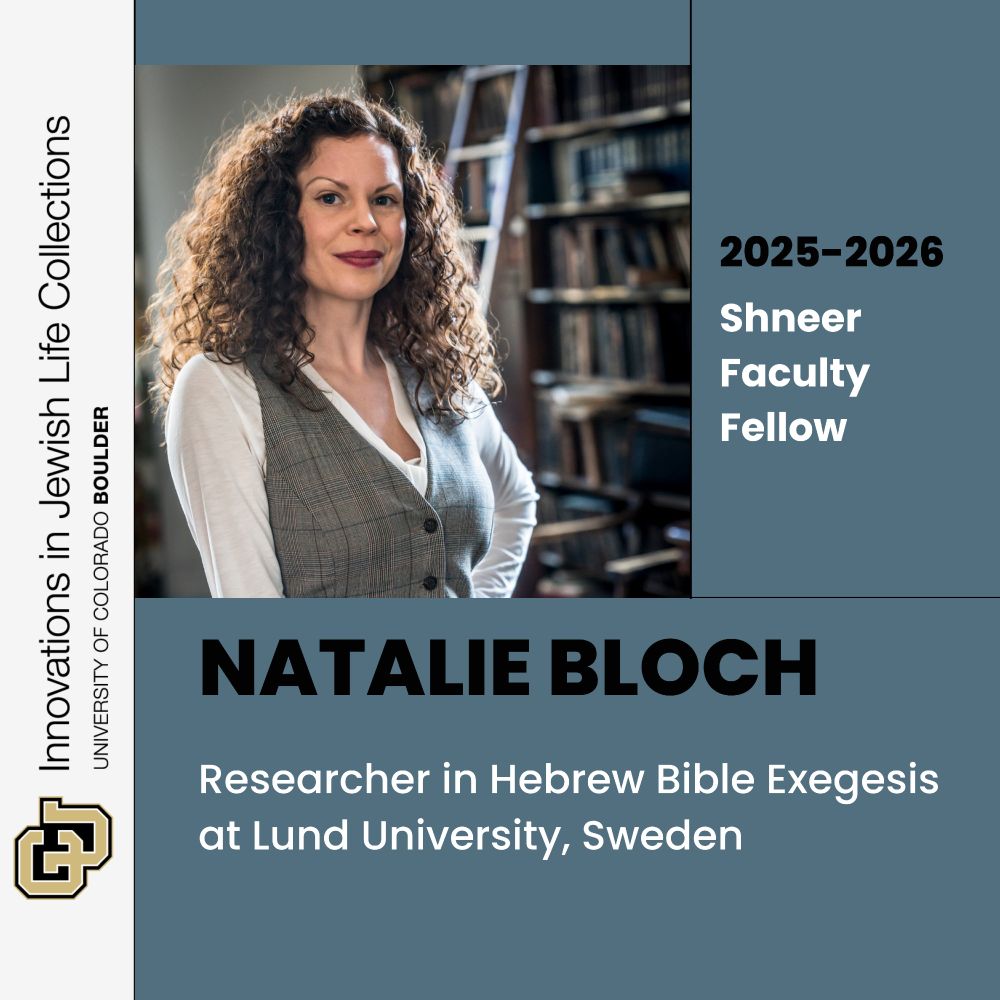 black and white text on blue background with image of Natalie Block that reads: Researcher in Hebrew Bible Exegesis at Lund University, Sweden
