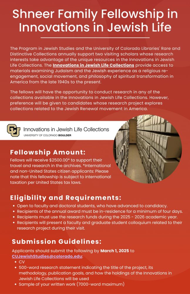 White text on maroon background. Shneer Family Fellowship in Innovations in Jewish Life. This $2500 fellowship is open to faculty and doctoral students who have advanced to candidacy. Recipients of the annual award must be in-residence for a minimum of four days. Recipients must use the research funds during the 2025-2026 academic year. Recipients will present a faculty and graduate student colloquium related to their research project during their visit.