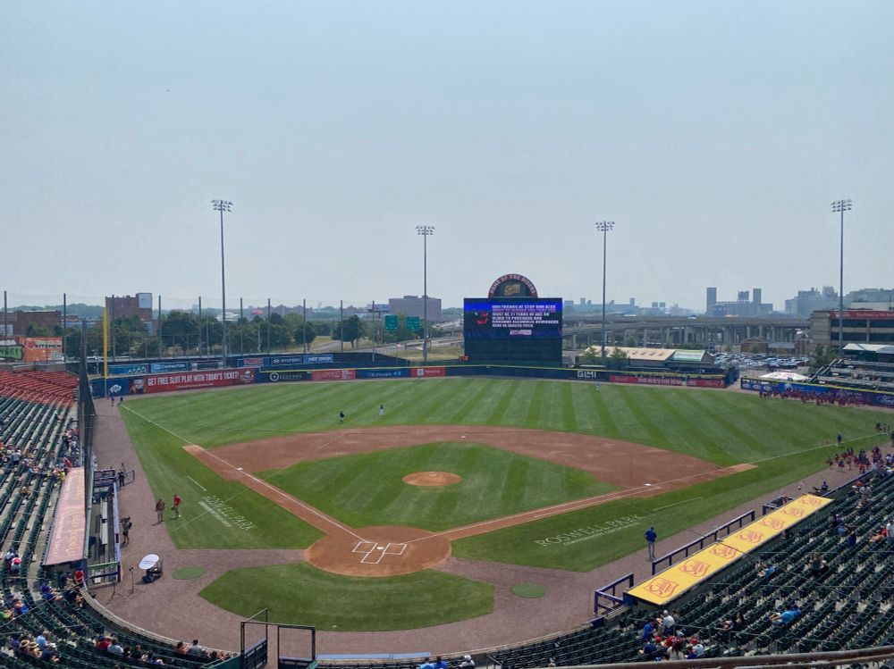 A view of lovely little Sahlen Field, home of the Blue Jays’ AAA affiliate, the Buffalo Bisons, from high above home plate. 