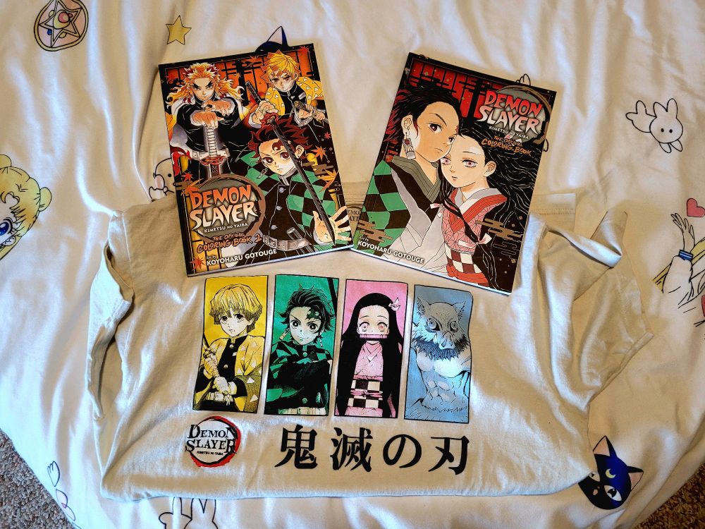 A Demon Slayer tee with two Demon Slayer coloring books