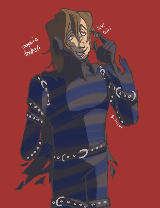 goro akech in black mask outfit without the helmet on twirling his hair cutely and going teehee