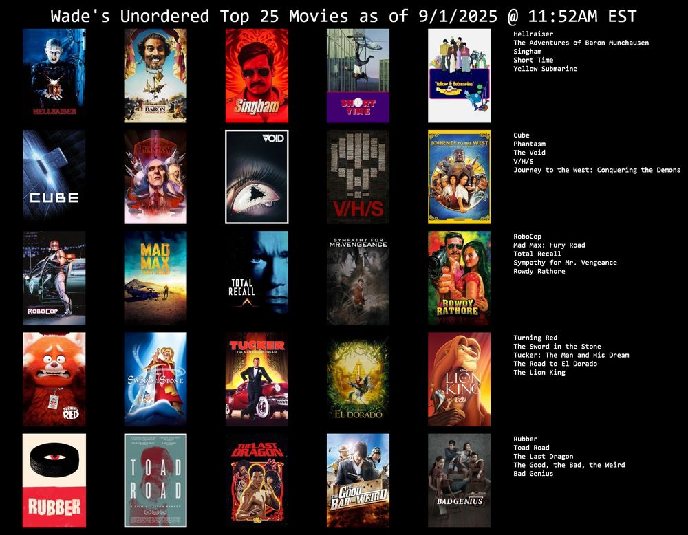 a list labeled "wade's unordered top 25 movies as of september first 2025 at 11:52AM EST" showing art for Hellraiser, The Adventures of Baron Munchausen, Singham, Short Time, Yellow Submarine, Cube, Phantasm, The Void, V/H/S, Journey to the West, Robocop, Mad Max Fury Road, Total Recall, Sympathy for Mr. Vengence, Rowdy Rathore, Turning Red, The Sword in the Stone, Tucker: The Man and His Dream, The Road to El Dorado, The Lion King, Rubber, Toad Road, The Last Dragon, The Good The Bad and the The Weird, and Bad Genius