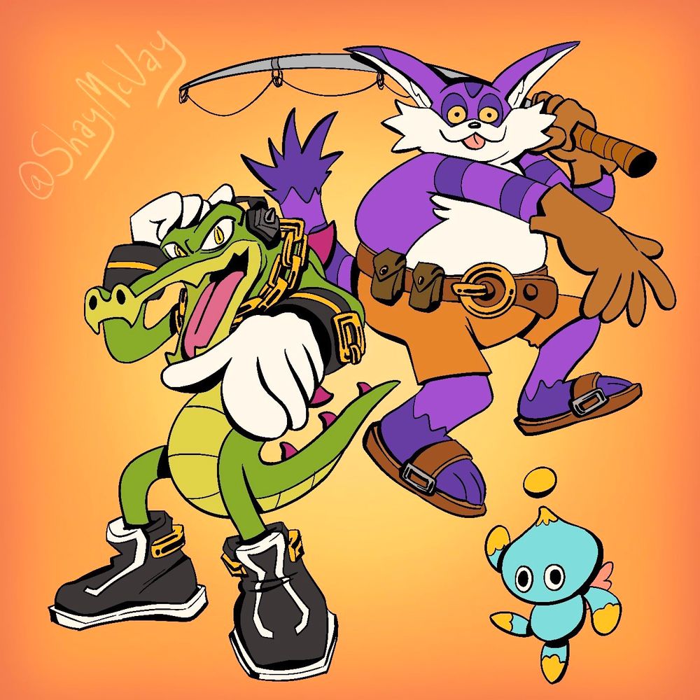 fanart of vector the crocodile, big the cat, and chao from sonic the hedgehog