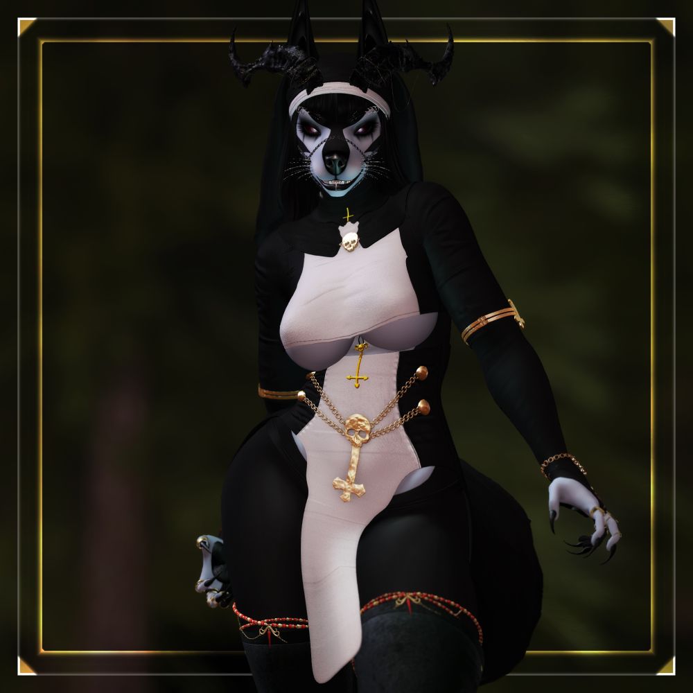 A Second Life screenshot of a demonic female hellhound with monochrome colouration wearing a nun's habit and looking incredibly sinister