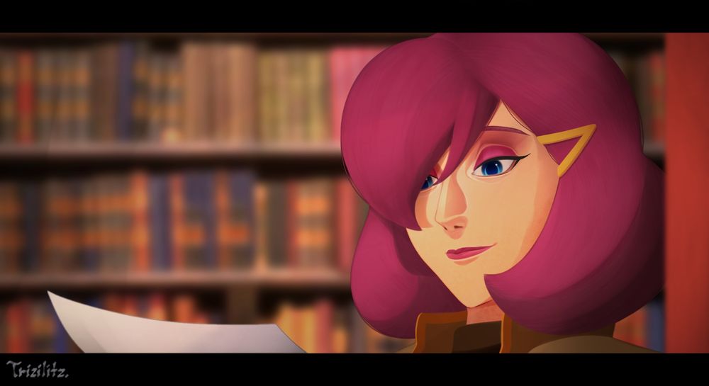 Professor Victoria in a library, reading a piece of paper.