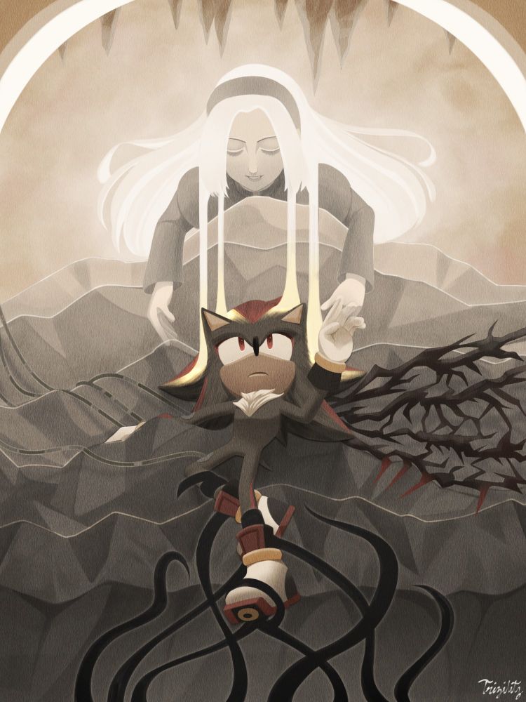 This image represents Shadow's past encounters: He once was a key to humanity's cure (depicted on his right), he was once designed to be Black Doom's own warrior (on his left), and he himself almost fell into the path of revenge (the tangles dragging his feet down). But despite all of those probabilities, it doesn't really matter—right? As long as he remembers Maria, the angel whose heart of gold inspired his own, he will keep the very promise that made him fight like he always have.