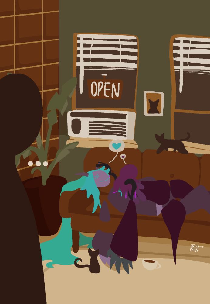 In a closed cat cafe in the dead of night, Ziya rests her head on Vikzu's chest as the store owner ponders what to do with their life.