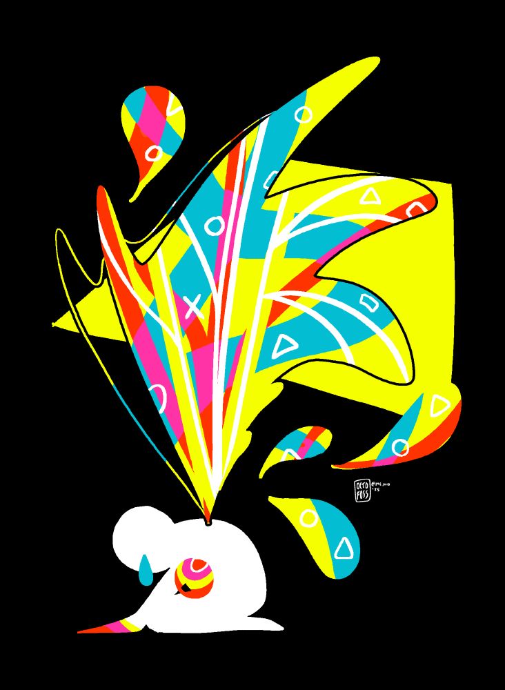 A plain white figure kneels on the ground. Their hands are warm, their heart is warm, and wings of color sprout from their back; yet they cry.