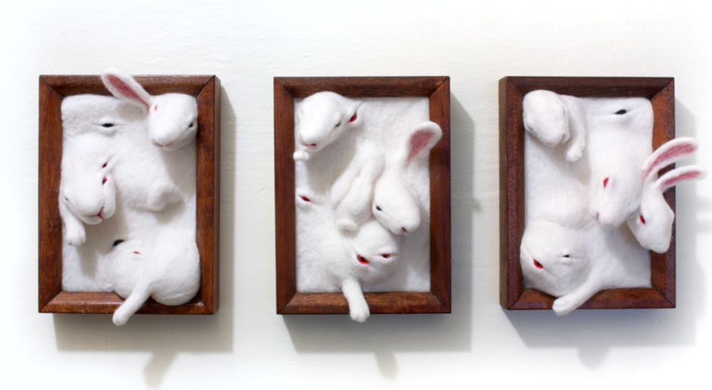 A photo of a triptych of wall-hanging soft sculptures of white rabbits, but the rabbits are a writhing mass of body parts emerging from or dissolving into three matching wooden frames.