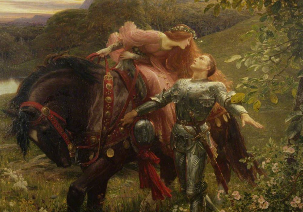A painting of a woman on a horse. She is leaning down towards a knight in armor. Her hair is streaming behind her. 