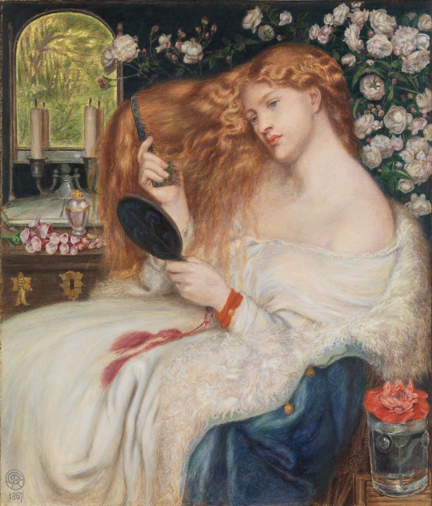 A painting of a woman in a white dress surrounded by flowers. She is combing her long red hair. 