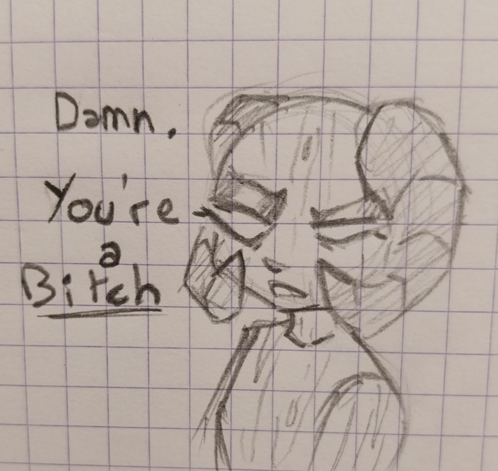 Nin looking straught at The camera, Probably talking to people using AI art to make money and/or fake being artists. He's saying "Damn. You're a bitch"