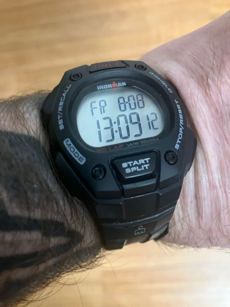 About to #LiveStream the #DailyRoutine of #Meditation #Yoga and #MartialArts! We will start around 13:30. Join me on YouTube @AlishareQerechok ! Picture of a cheap watch showing the time 13:05 on 8/6/25. We will be listening to the audiobook “A People’s History of the U.S.”.