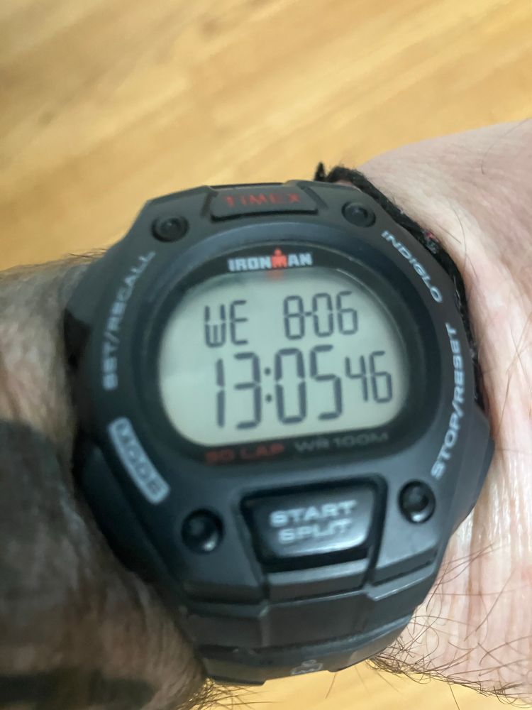 About to #LiveStream the #DailyRoutine of #Meditation #Yoga and #MartialArts! We will start around 13:30. Join me on YouTube @AlishareQerechok ! Picture of a cheap watch showing the time 13:05 on 8/6/25. We will be listening to the audiobook “A People’s History of the U.S.”.