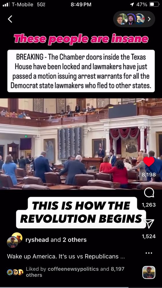 These people are insane
BREAKING - The Chamber doors inside the Texas House have been locked and lawmakers have just passed a motion issuing arrest warrants for all the Democrat state lawmakers who fled to other states.
8,198
THIS IS HOW THE REVOLUTION BEGINS