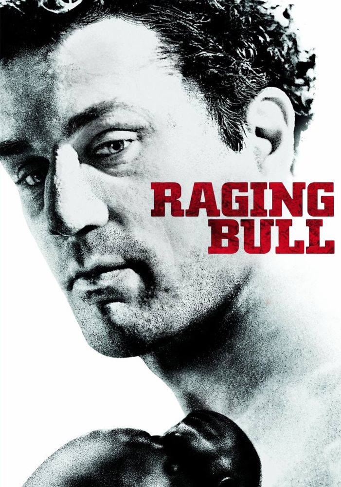 Raging Bull poster. A man (Robert Di Nero) wearing boxing gloves stares menacingly into the camera.