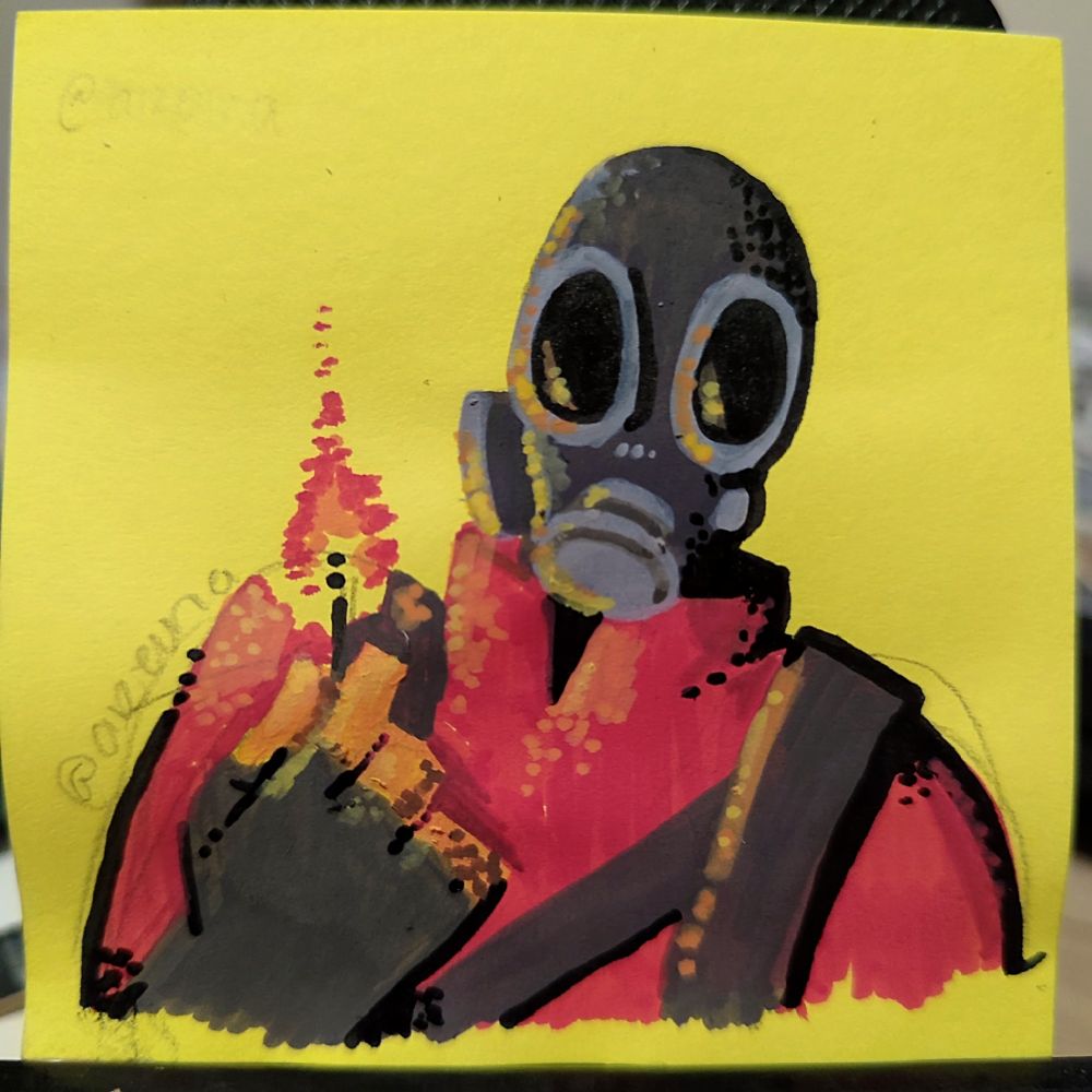 Pyro from TF2 holding a matchstick colored on a yellow sticky note.