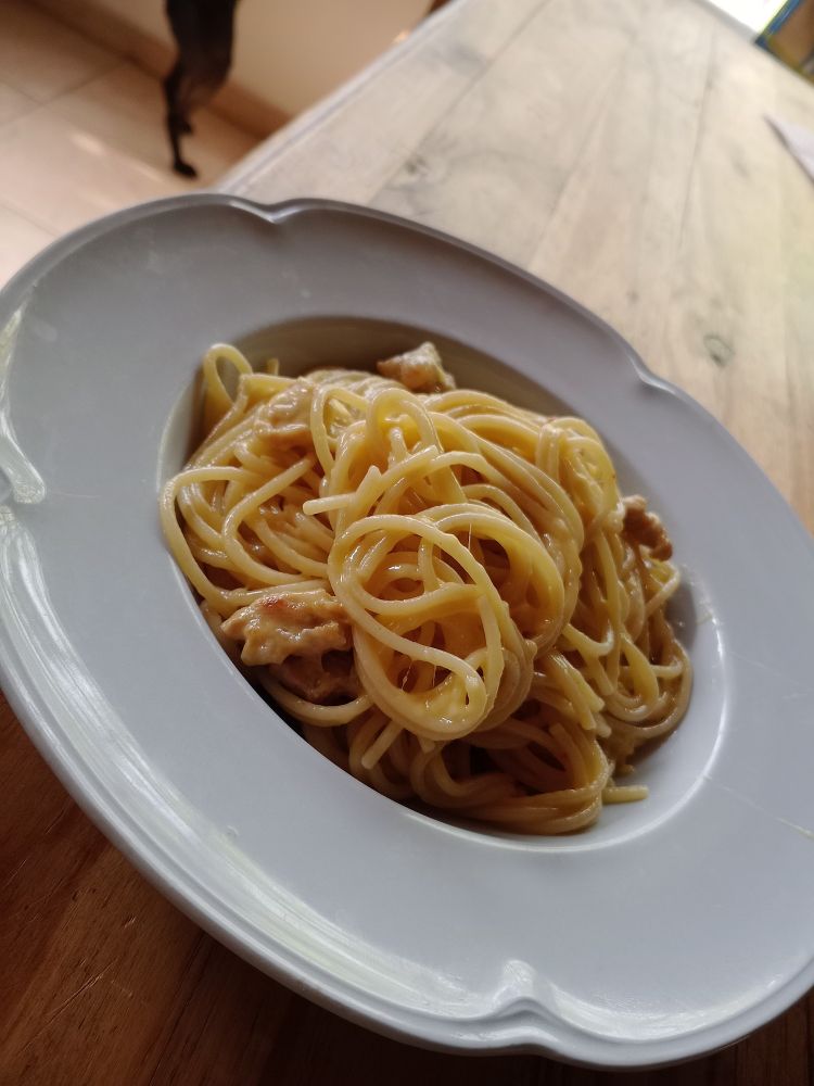Carbonara pasta in a light blue plate.