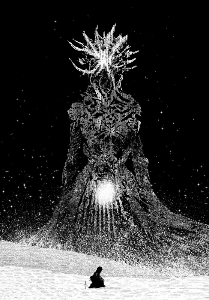 a girl standing in a desert being watched by a god-like being