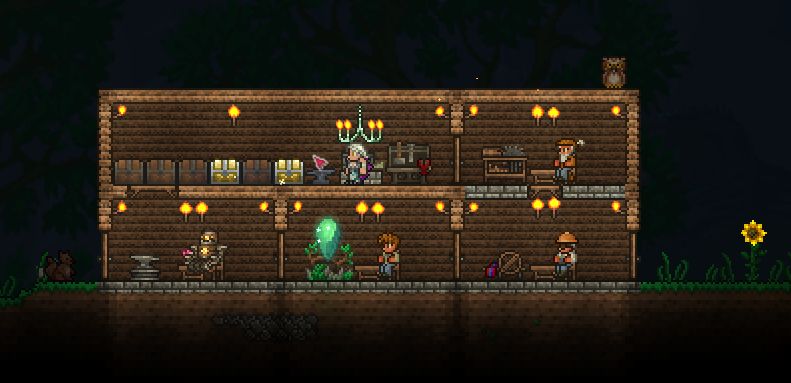 screenshot of the videogame terraria with the calamity mod, a player in their house with their npcs and chests
