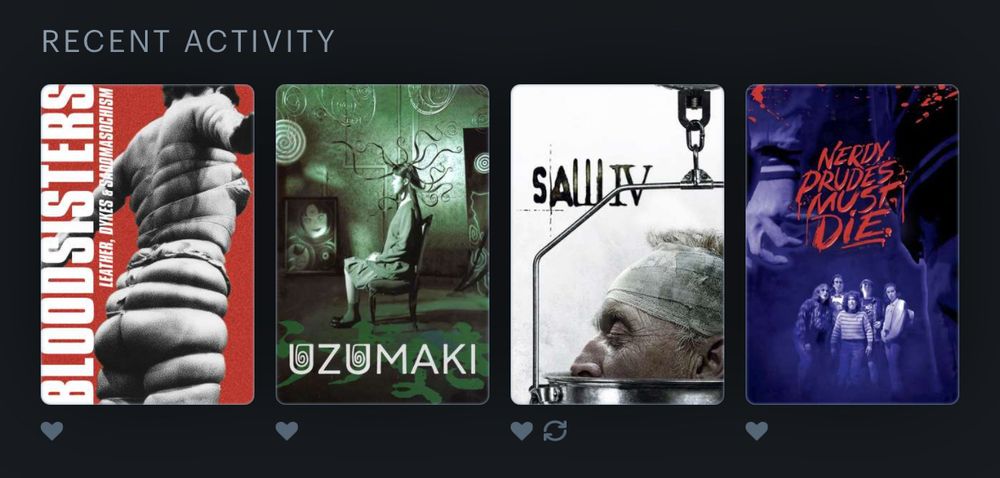 Screenshot of Letterboxd Recent Activity. From most recent are BloodSisters: Leather, Dykes, and Sadomasochism (1995), Uzumaki (2000), Saw IV (2007), Nerdy Prudes Must Die (2023). All four films are liked and Saw IV is marked as a rewatch. 
