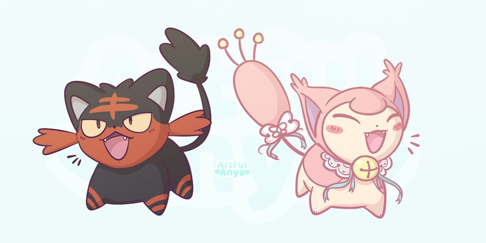 A cute drawing of two cat Pokemon. On the left is Litten, a black and red kitten. On the right is Skitty, a light pink and cream kitten. The Skitty has a lace collar with a large bell.