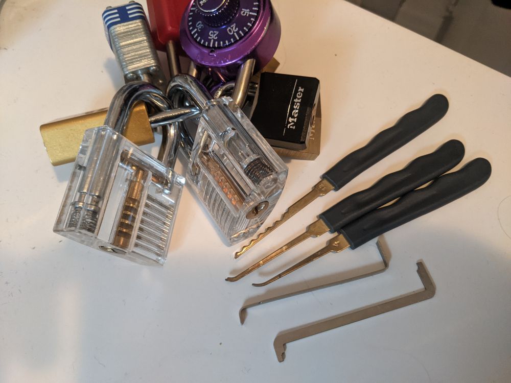 A collection of locks and lockpicks.