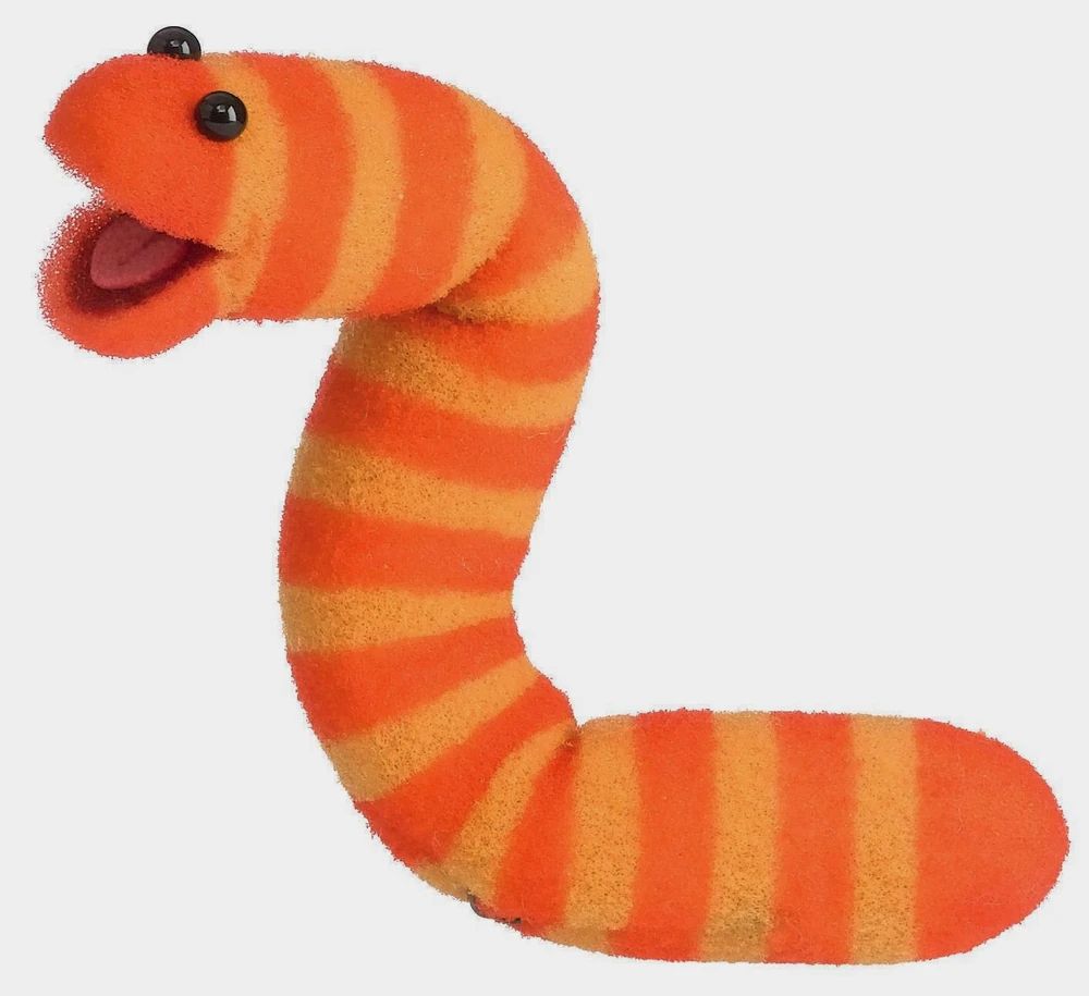 Slimey from sesame street, an orange and yellow striped worm-like puppet. 