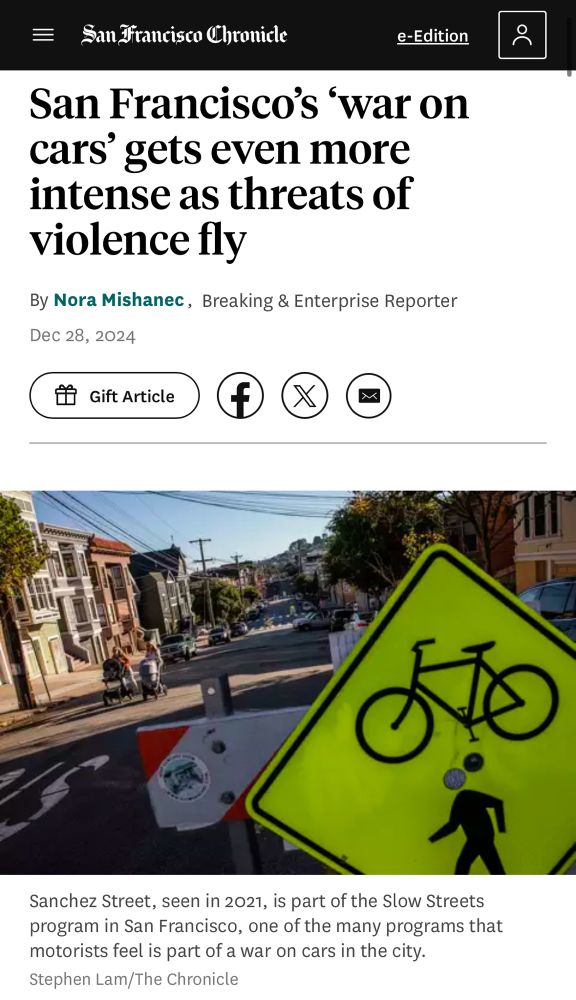 Sf chronicle headline about drivers who threaten violence against city employees for traffic changes, with a headline about the “war on cars”