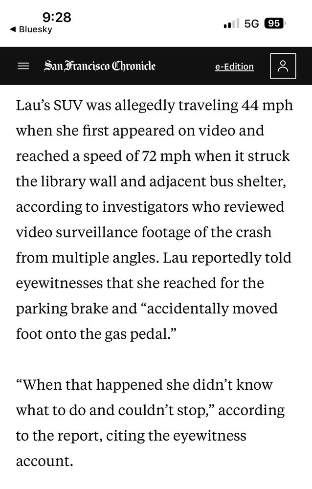 Excerpt from article about a driver going 72mph who killed a family of 4 who was waiting for the bus in west portal