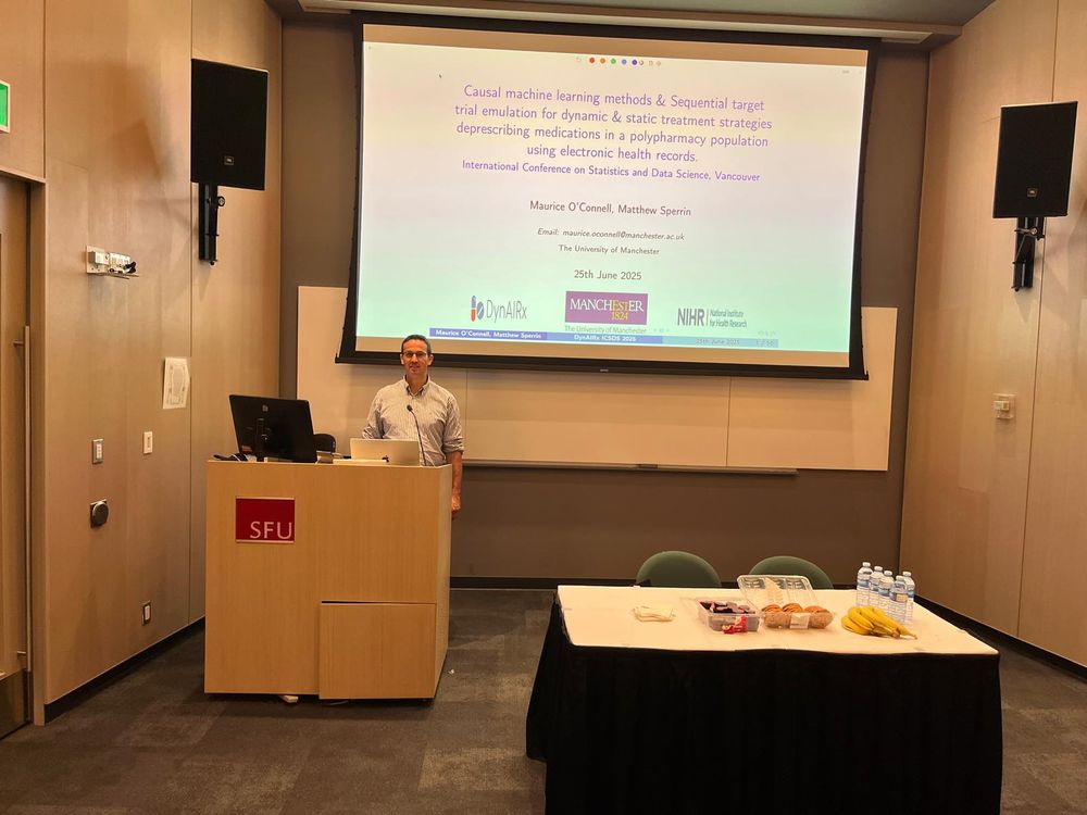 Maurice O’Connell presenting our #DynAIRx work on causal ML & trial emulation at #ICoSDS2025. Slide shows methods for dynamic/static deprescribing strategies using EHRs.