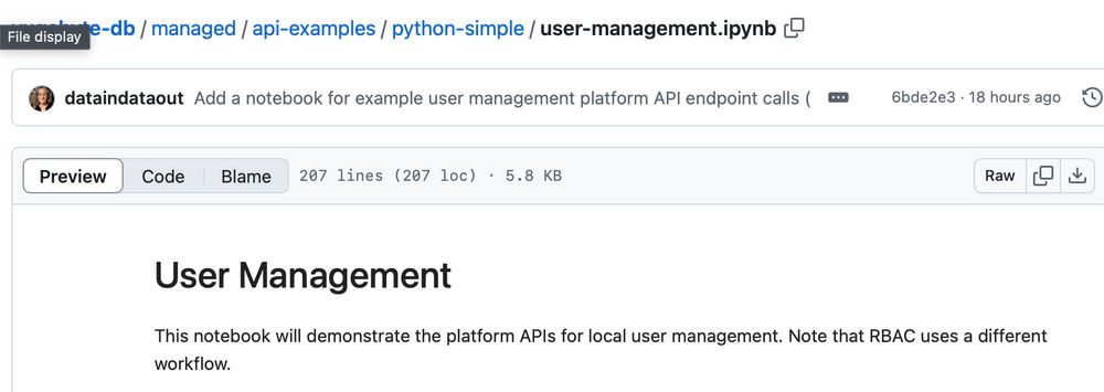 Screenshot of Jupyter notebook in github: "User Management - This notebook will demonstrate the platform APIs for local user management. Note that RBAC uses a different workflow."