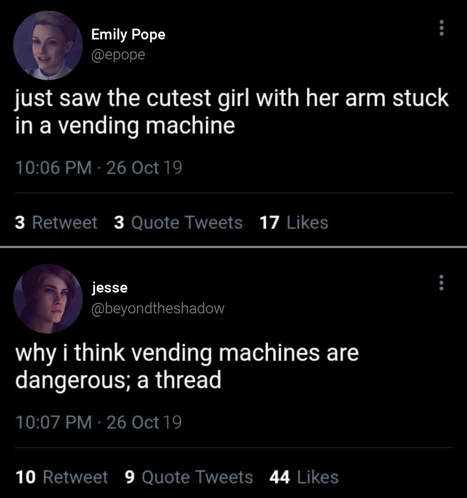 two tweets, the first from emily pope stating "just saw the cutest girl with her arm stuck in a vending machine," and the second from jesse faden stating "why i think vending machines are dangerous; a thread"