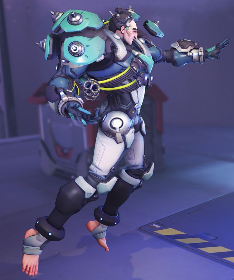 a picture of sigma from overwatch from the side with one arm outstretched. 