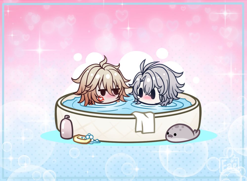 Phainon and Mydei chibis from Honkai Star rail in a small bath together