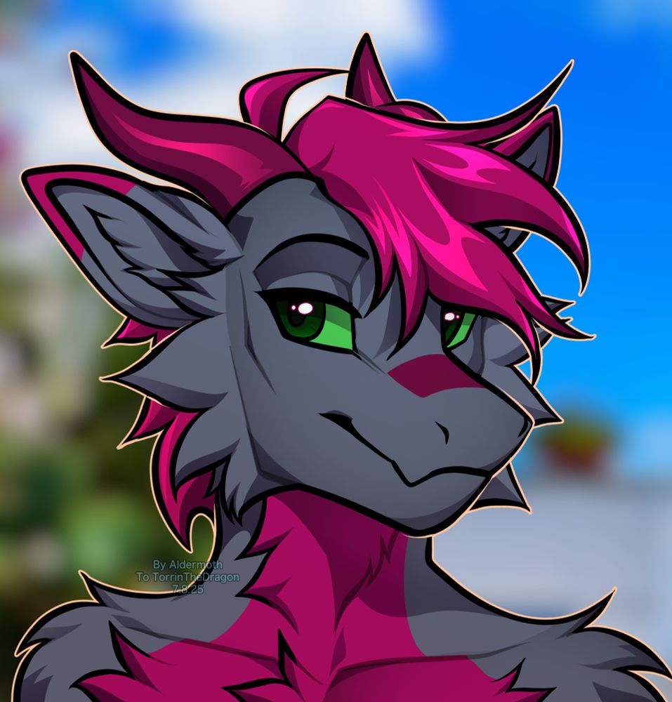 A headshot commission featuring Torrin with his head turned to a 3/4 angle. He is looking at the viewer with a slight smile