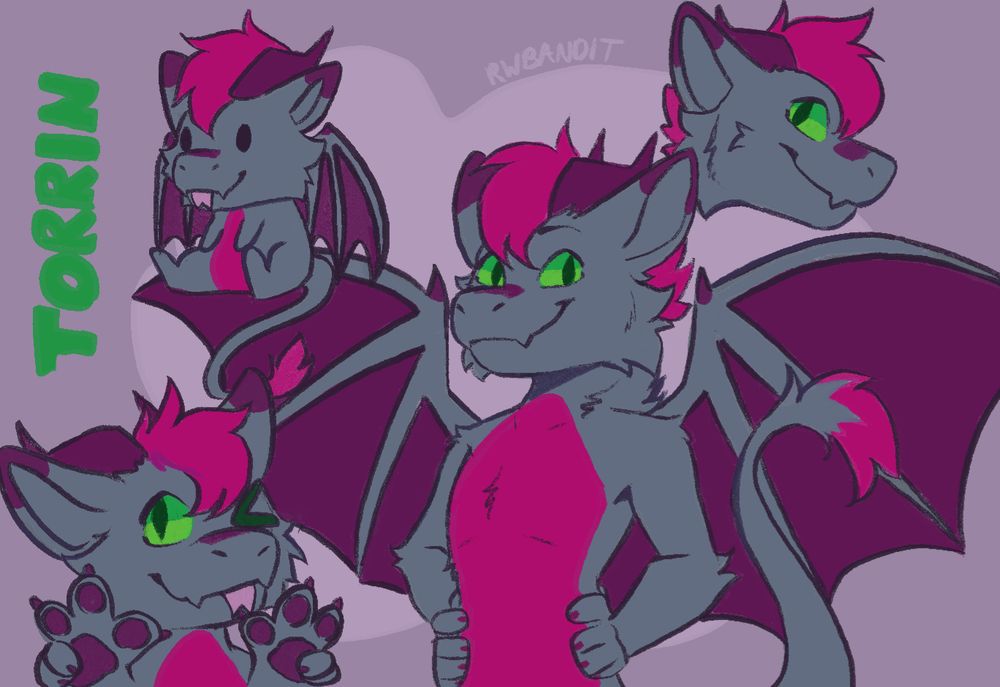 A sketch page of Torrin featuring multiple poses with the primary pose being Torrin with his hands on his hips and smiling at the viewer.