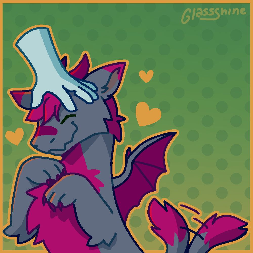 Torrin the furred dragon being pet by a YCH (Your Character Here) hand.
He is wagging his tail and is surrounded by 3 orange hearts. He looks very happy :)