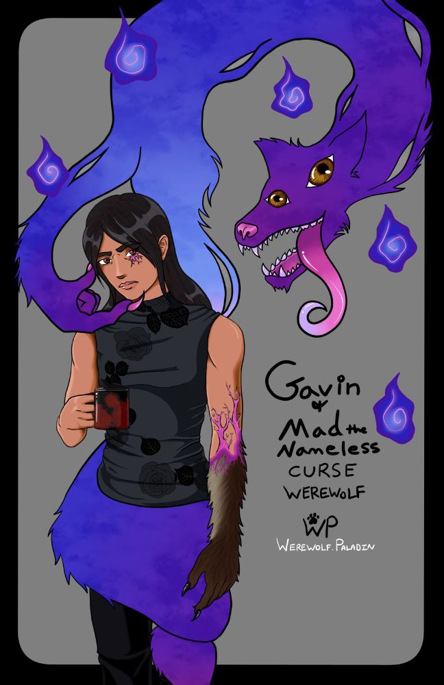 Gavin and Mad the Nameless, Curse Werewolf by Werewolf Paladin. A young man dressed in goth wear with one arm transformed is holding a coffee cup. A spirit lingers behind, gently touching his face.